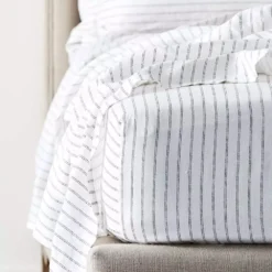 Antwerp Linen Fitted Sheet - White & Charcoal